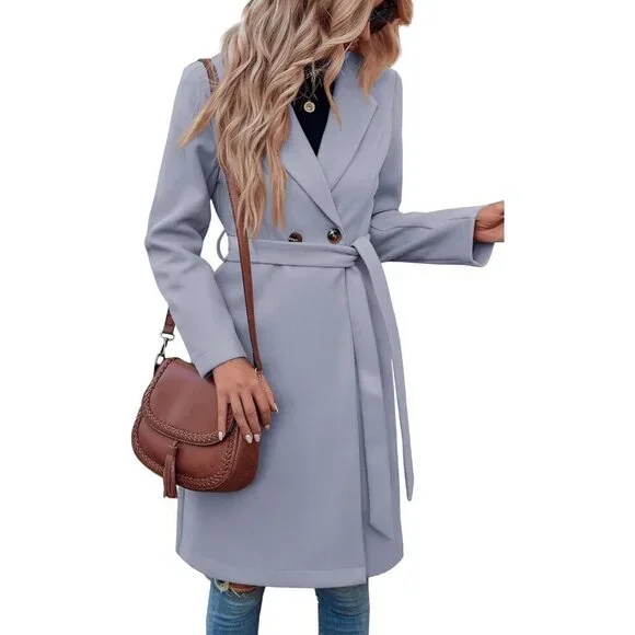 Womens Grey Pea Notched Lapel Double Breasted Business Casual Trench Coats - Picture 2 of 5